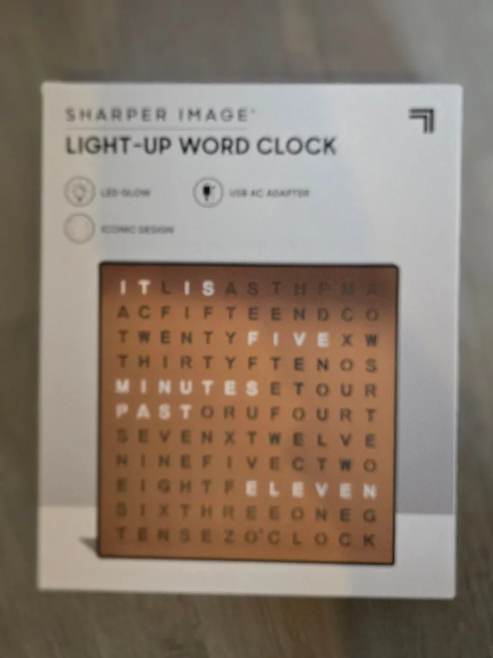 NIB - Sharper Image Word Clock - USB AC Adapter - LED Display
